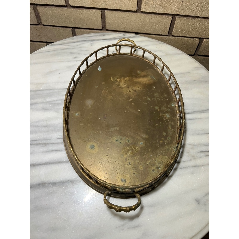 VTG Regency Brass Gallery Tray Oval Bamboo Railing Handles Made in India 15in